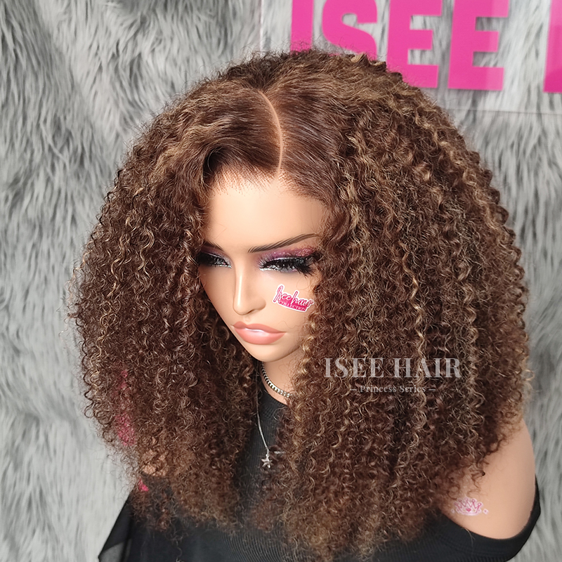 Side Part Wear Go Highlight Brown Color Kinky Curly Glueless Wig