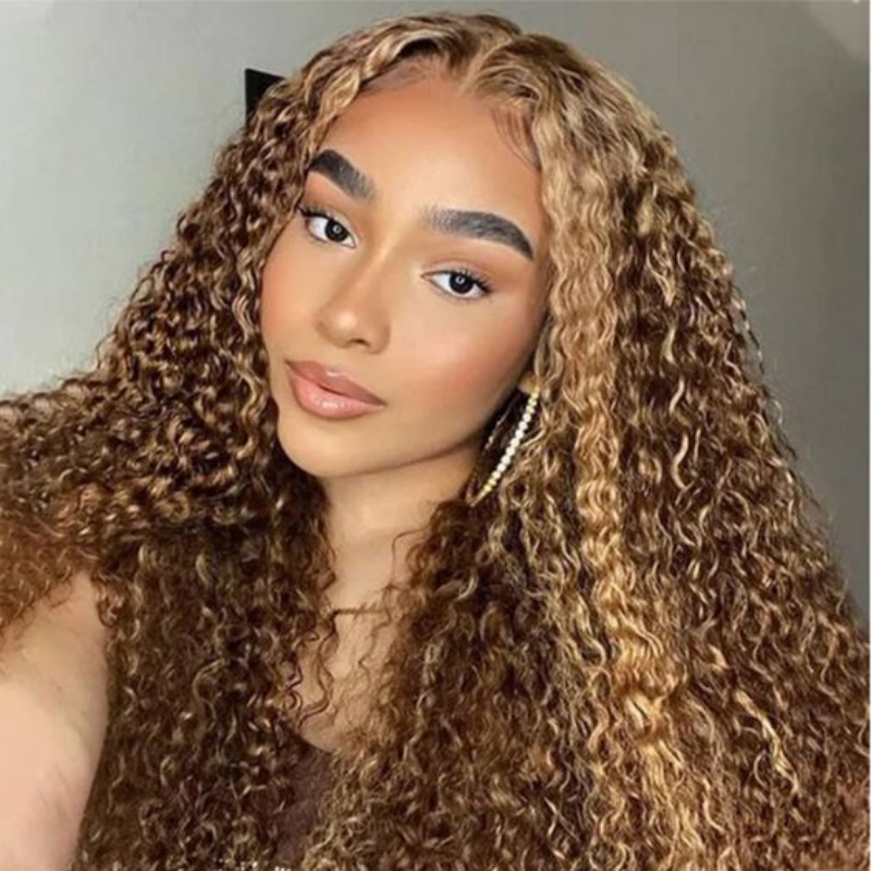 Beyonce Inspired Highlight Brown Color Kinky Curly Glueless Wig Pre-Cut HD Lace Closure Wig