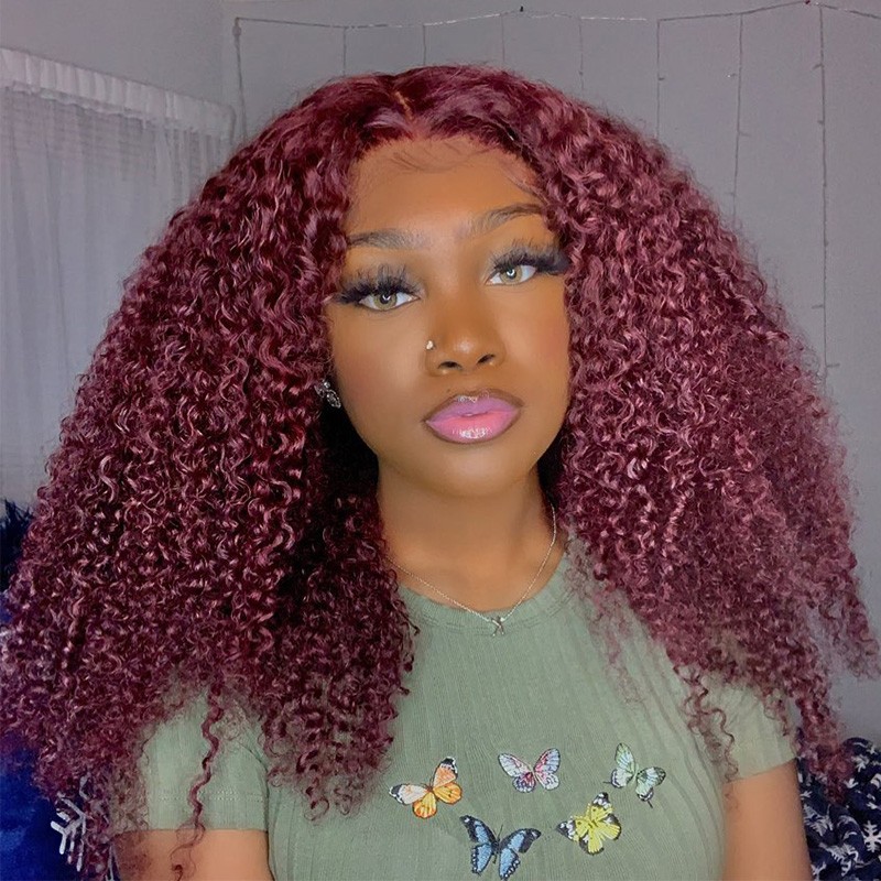 Burgundy 99J Color Kinky Curly Lace Front Wig For Black Women, Human ...