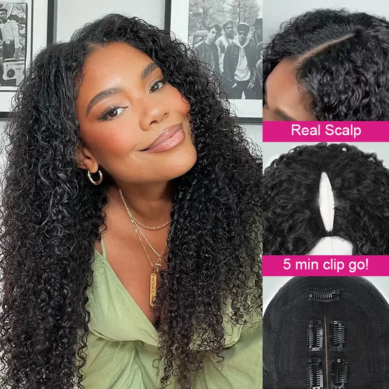 V Part/Thin Part Jerry Curl Wig Human Hair Glueless Wigs