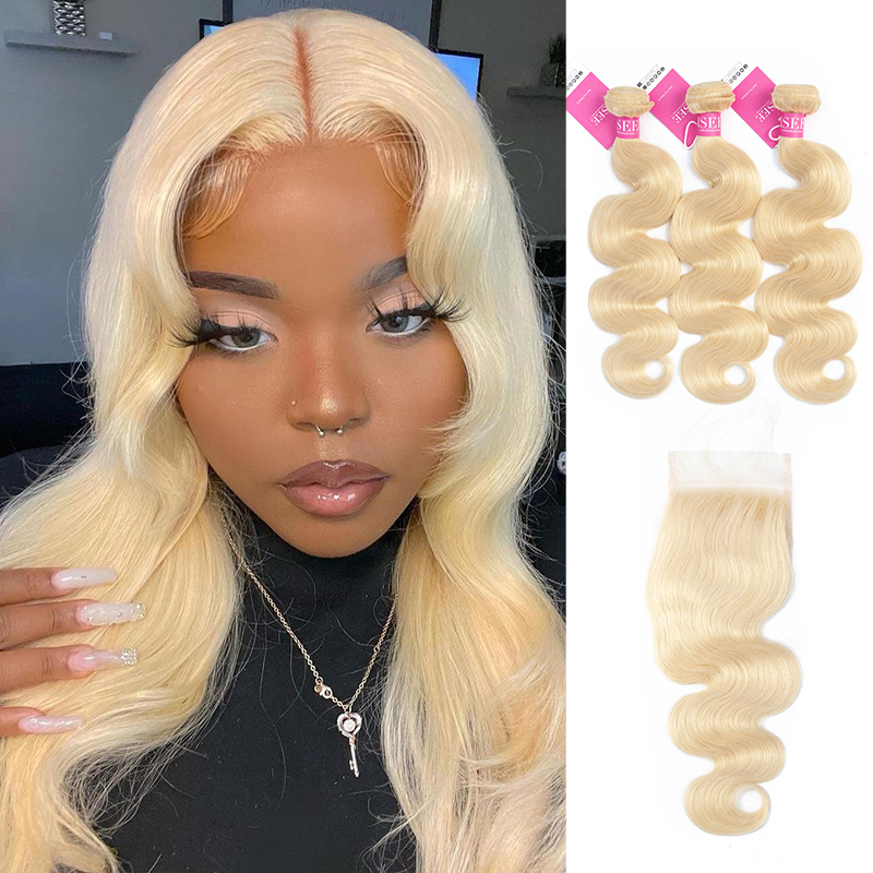 613 Blonde Pink Lemon Hair Human Virgin Hair Body Wave Closure with 3 or 4 Bundles